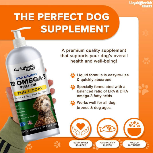 Liquid Health Pets K9 Omega 3 Fish Oil For Dogs - Liquid Omega 3 For Dogs With Epa + Dpa + Dha, Dog Shedding Suplement May Reduce Itching And Support Joint, Immunity, Brain & Heart Health (16 Oz)