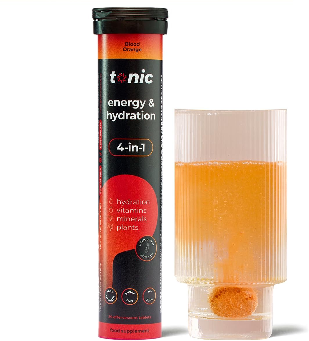Tonic Health Energy And Hydration Tablets - 15 Vitamins, Minerals, Plants With Panax Ginseng, No Sugar Effervescent Multivitamins - Rehydration Electrolytes Tablets, Blood Orange 60 Count