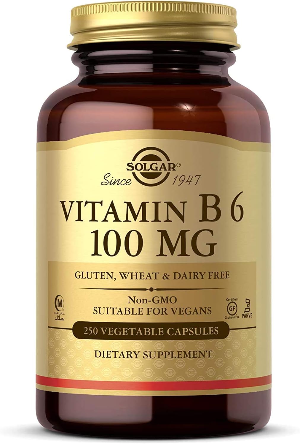 Solgar Vitamin B6 100 Mg, 250 Vegetable Capsules - Supports Energy Metabolism, Heart Health & Healthy Nervous System - Non-Gmo, Vegan, Gluten Free, Dairy Free, Kosher, Halal - 250 Servings