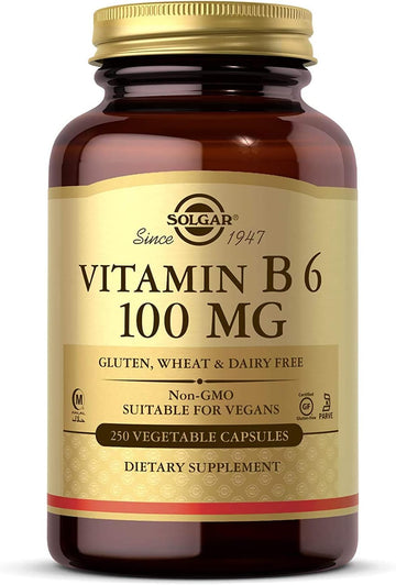 Solgar Vitamin B6 100 Mg, 250 Vegetable Capsules - Supports Energy Metabolism, Heart Health & Healthy Nervous System - Non-Gmo, Vegan, Gluten Free, Dairy Free, Kosher, Halal - 250 Servings