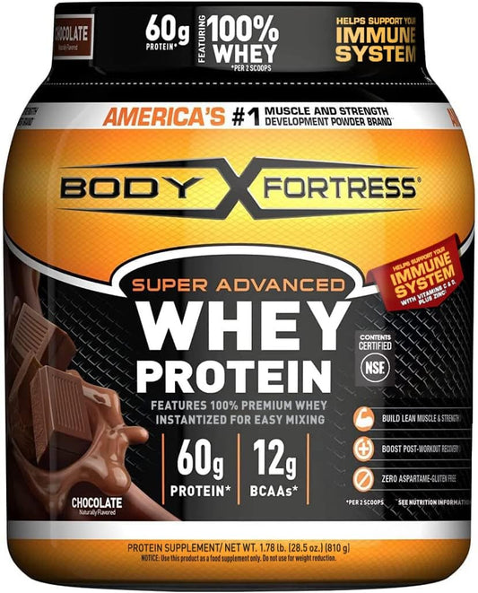 Body Fortress Super Advanced Whey Protein Powder, Chocolate (1.78 Lbs) And Blenderbottle Classic Shaker Bottle (28 Oz), Black