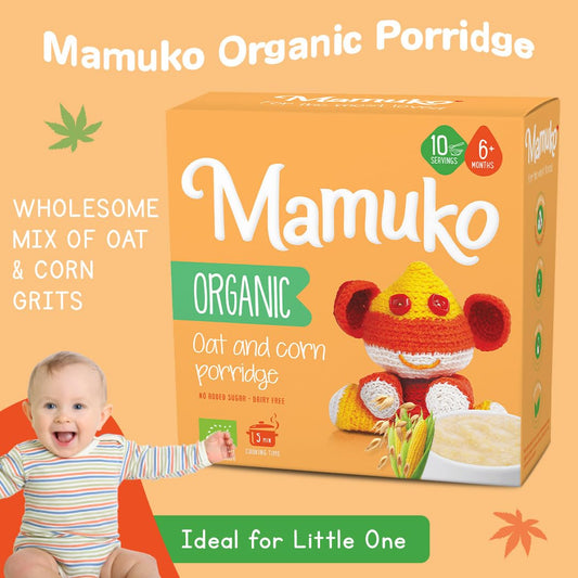 Mamuko Organic Oat & Corn Grits Porridge - High Fiber Porridge With No Added Sugar, Milk & Preservatives - Vegan Porridge Ideal For Toddlers - 2 Pack (200G - 10 Servings)