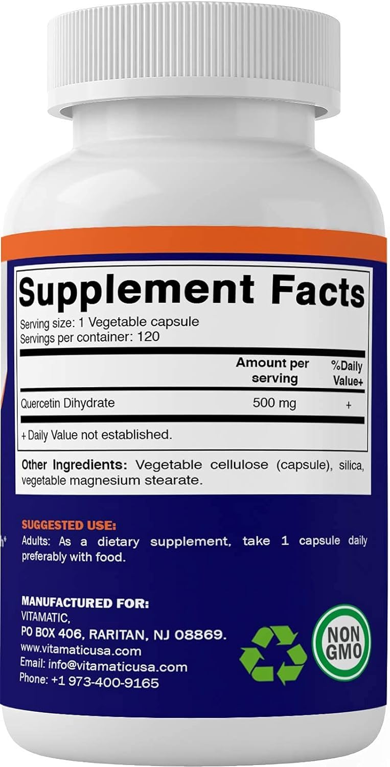 Vitamatic Quercetin 500 mg, 120 Vegetarian Capsules (Non-GMO, Gluten Free, Vegan) - Supports Cardiovascular Health : Health & Household