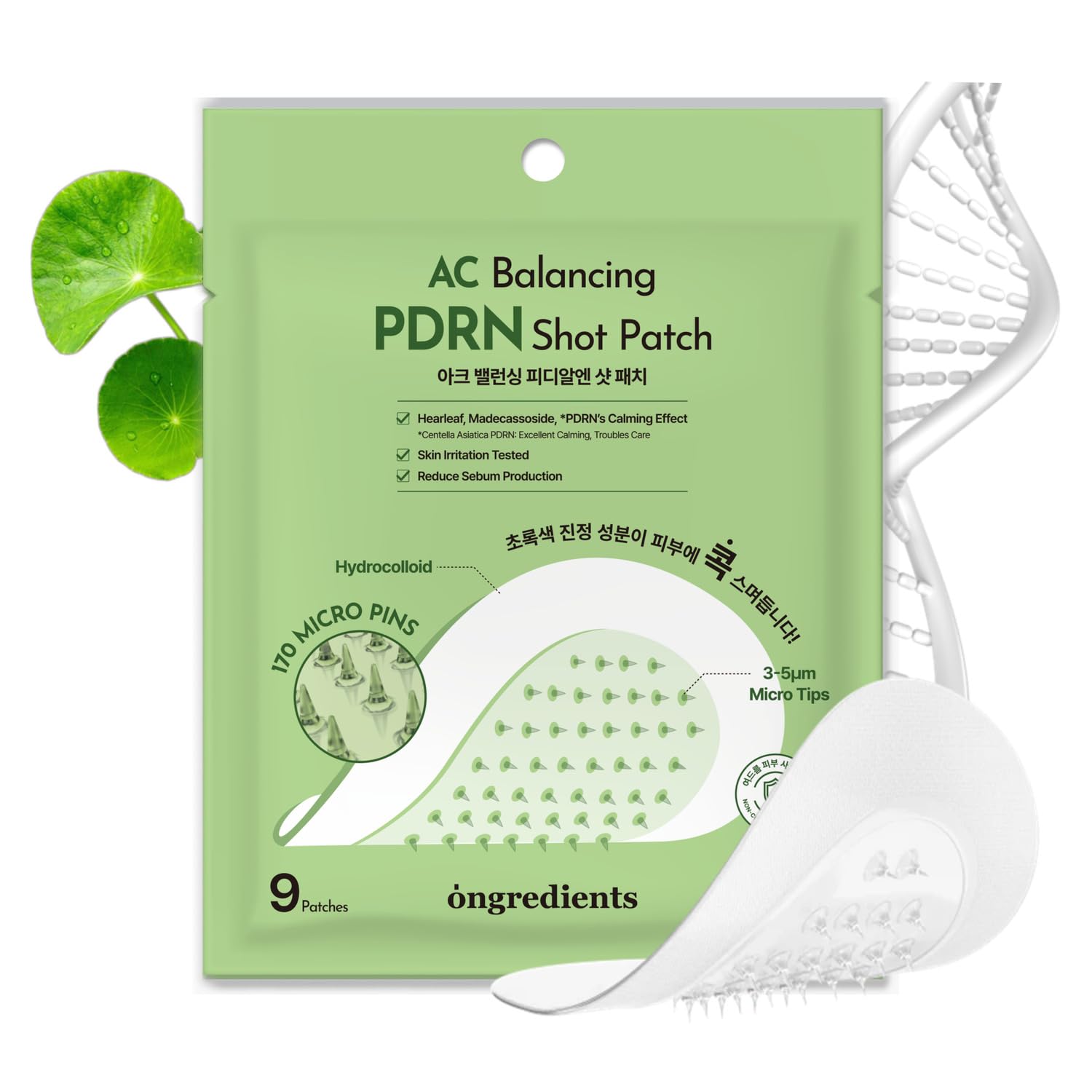 Ongredients Ac Balancing Pdrn Shot Patch | Acne Pimple Patch For Cover Pimples And Blemishes | Centella Asiatica Extract, Panthenol, Heartleaf, Micro Pin Spot Patch, | Vegan, Korean Skin Care (9Ea)