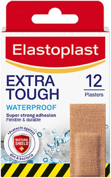 Elastoplast Extra Tough Waterproof Fabric Plasters - 1 Pack (12 Plasters), Breathable, Strong Adhesion, Waterproof Technology, Tan