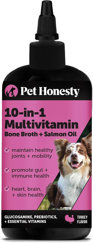 Pet Honesty Dog Multivitamin Supplement With Salmon Oil For Dogs - Allergy Itch Relief, Digestion, Skin & Coat Health, Liquid Supplement - Dog Food Topper Bone Broth With Prebiotics (12 Oz)