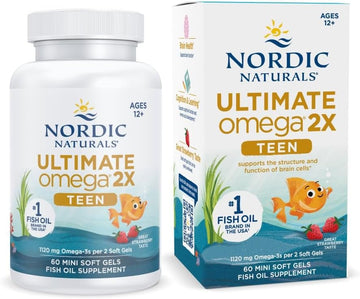 Nordic Naturals Ultimate Omega 2X Teen, Strawberry - 60 Mini Soft Gels - 1120 mg Total Omega-3s with EPA & DHA - Brain Health, Positive Mood, Social Development, Learning - Non-GMO - 30 Servings