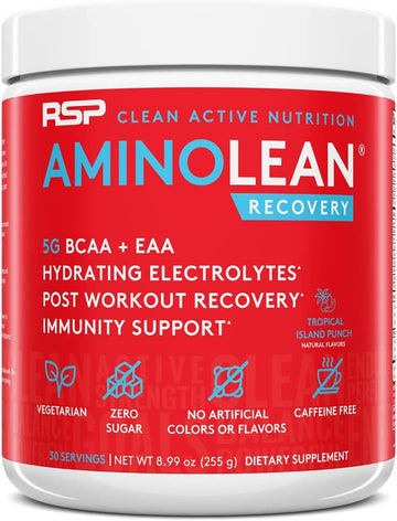 Rsp Aminolean Recovery - Post Workout Bcaas Amino Acids Supplement + Electrolytes, Bcaas And Eaas For Hydration Boost, Immunity Support - Muscle Recovery Drink, Vegan Aminos, Tropical Punch