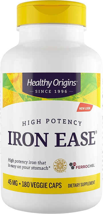 Healthy Origins Iron Ease (Featuring Ferrochel), 45 mg - Easily Digestible Iron Supplements for Men & Women - Vegan, Non-GMO & Gluten-Free Supplement - 180 Veggie Capsules