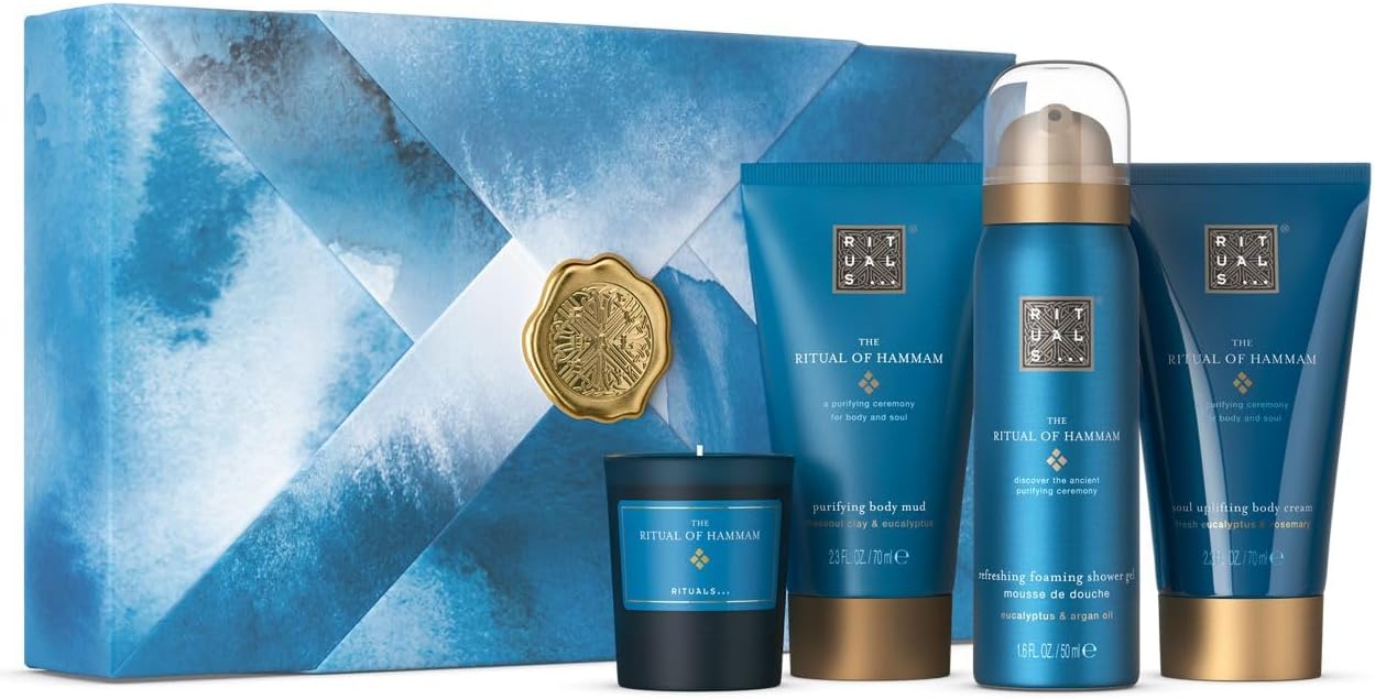 Rituals Gift Set The Ritual Of Hammam S - 4 Home And Skincare Products Enriched With Eucalyptus, Argan Oil, And Rosemary - Bath Gift Box With Purifying Properties, Blue