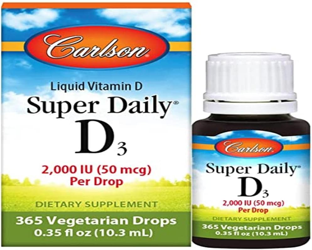 Carlson - Super Daily D3, Vitamin D Drops, 2,000 IU per Drop, 1-Year Supply, Vitamin D3 Liq, Heart & Immune Health, Vegetarian, Liq Vitamin D Drops, Unavored, 365 Drops