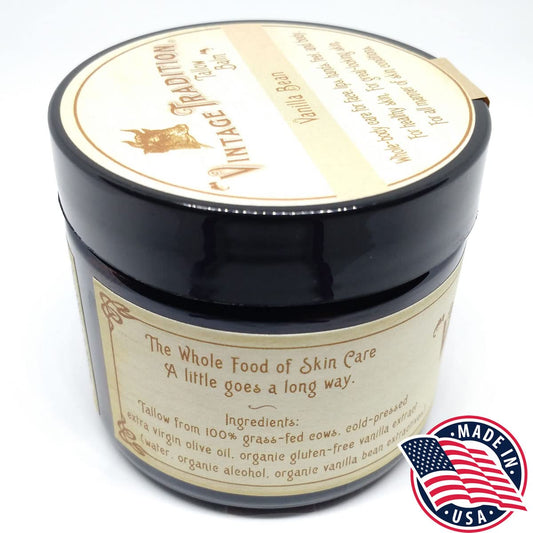 Vintage Tradition Beef Tallow All Purpose Balm - Healing, Hydrating Mild Vanilla Skin Care Salve Replaces Body Lotion, Hand Cream, More - Essential Oil, Olive Oil, And Grass-Fed Tallow, 2 Fl. Oz