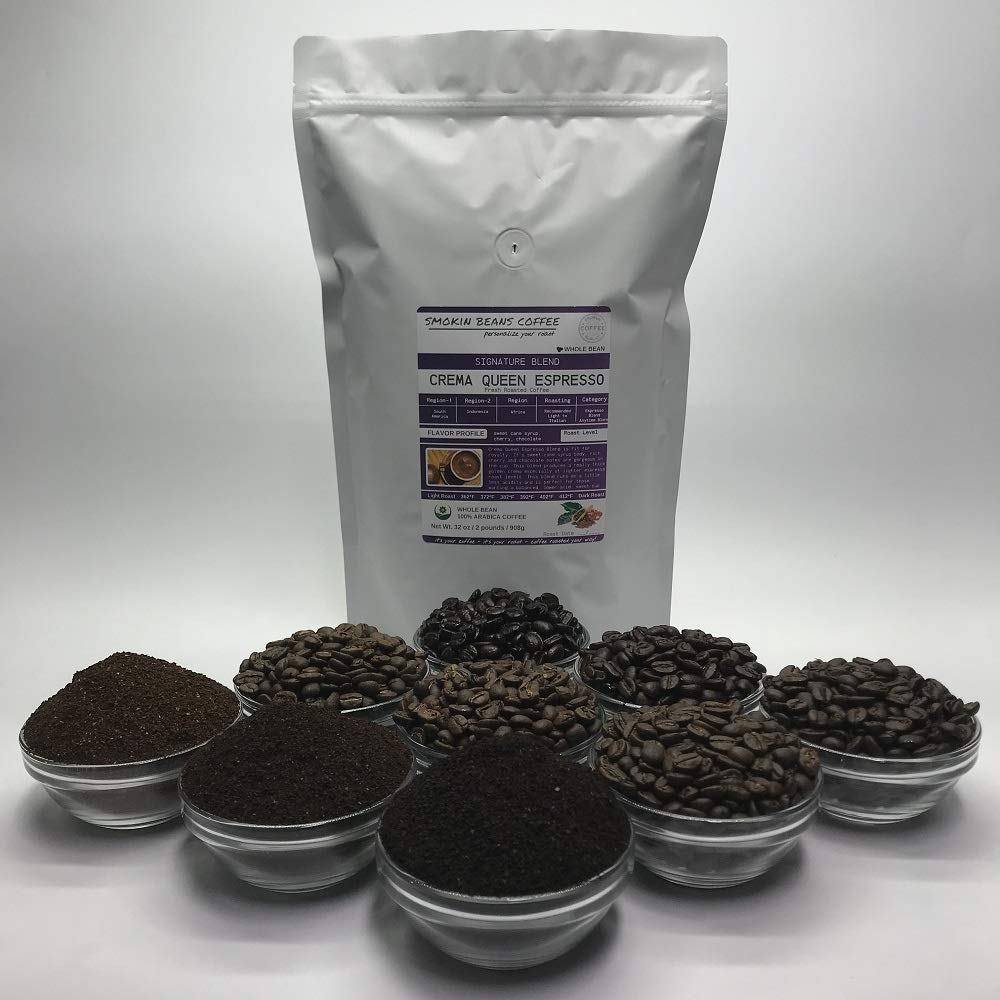 Crema Queen Espresso (Fresh Roasted Coffee) signature blend roasted-to-order daily medium roast whole bean we can grind or provide lighter or darker roast upon request message at checkout