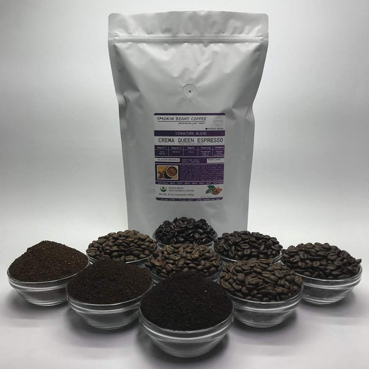 Crema Queen Espresso (Fresh Roasted Coffee) signature blend roasted-to-order daily medium roast whole bean we can grind or provide lighter or darker roast upon request message at checkout