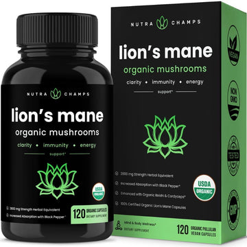 Organic Lions Mane Mushroom Supplement (2 Month Supply - 120 Count) Mental Clarity, Memory & Focus Supplement | Vegan Cordyceps & Reishi Mushroom Capsules | Supports Immune System & Brain Health