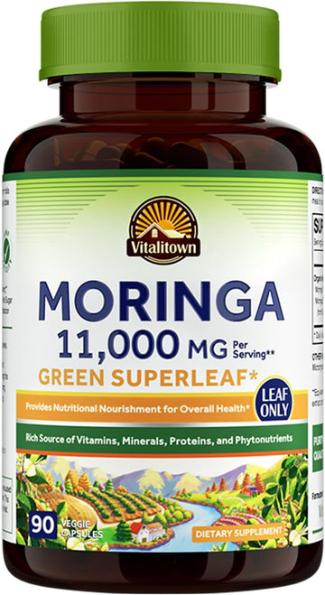 Vitalitown Moringa Capsules 11,000 Mg, Pure Moringa Supplement, Green Moringa Leaves, No Sticks, No Caffeine, Moringa Oleifera, Energy, Appetite, 90 Capsules