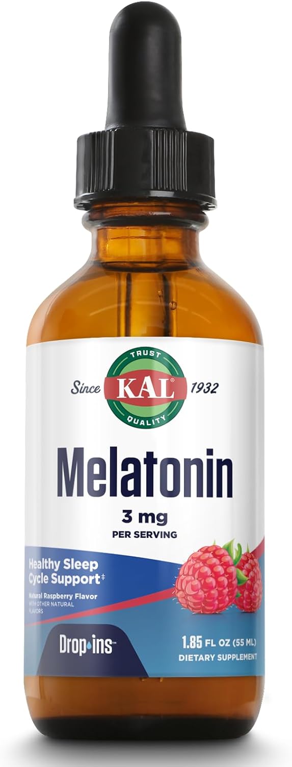 Kal Melatonin Dropins 3Mg, Healthy Sleep Aid Support, Liquid Melatonin Drops For Optimal Absorption & Calming Relaxation Support, Fast Acting, Natural Raspberry Flavor, Approx. 55 Servings, 1.85Oz