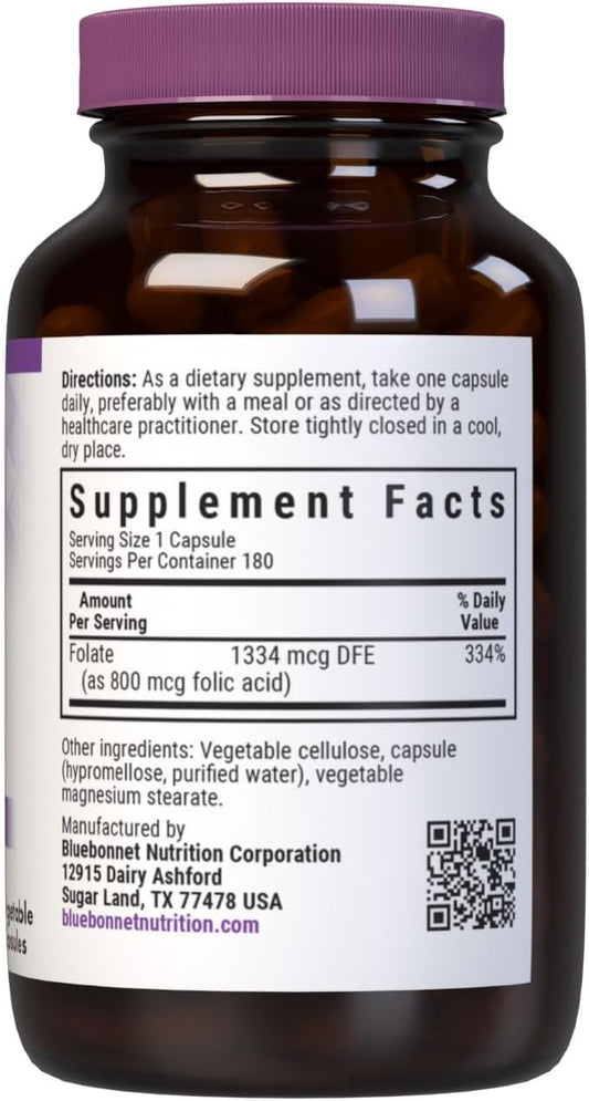 Bluebonnet Nutrition Folic Acid 800Mcg, Healthy Neurological Development, Soy, Dairy & Gluten Free, Non-Gmo, Kosher Certified, Vegan, Vegetable Capsules, 180 Count