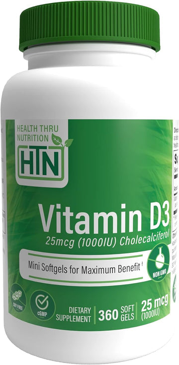 Health Thru Nutrition Vitamin D3 1,000Iu 25Mcg Cholecalciferol | Mini Softgels For Maximum Benefit | 3Rd Part Tested | Non-Gmo Usp Grade In Organic Evoo | Immune Health Support (Pack Of 360)