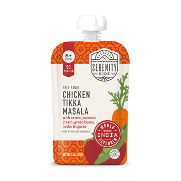 Serenity Kids 6+ Months World Explorers Baby Food Pouches Puree Made With Ethically Sourced Meats & Organic Veggies | 3.5 Ounce Bpa-Free Pouch | Chicken Tikka Masala | 6 Count