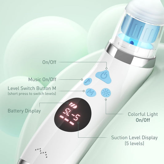 Nasal Aspirator for Baby - Electric Baby Nose Sucker, Automatic Nose Cleaner for Toddler - Waterproof Booger Sucker with 3 Silicone Tips, 5 Levels Adjustable Suction, Soothing Music & Colorful Light