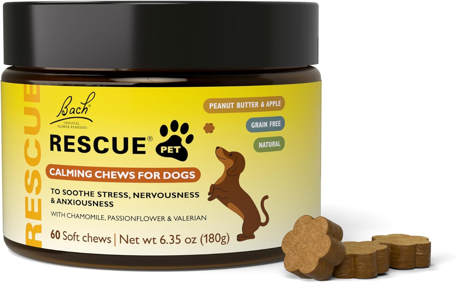 Rescue Pet Chews For Dogs, 60 Soft Chews, Behavioral Health Supplement For Dogs With Chamomile, Passionflower & Valerian, Soothes Stress, Nervousness & Anxiousness