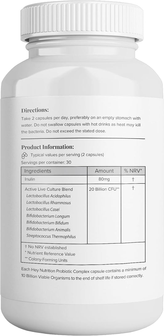 Hey Nutrition Probiotic Complex Supplement - 20 Billion Cfu - Suitable For Vegetarians & Vegans - Supports Gut & Skin Health, Improves Immune Response - Uk Manufactured - 6 Pack - 360 Vegan Capsules