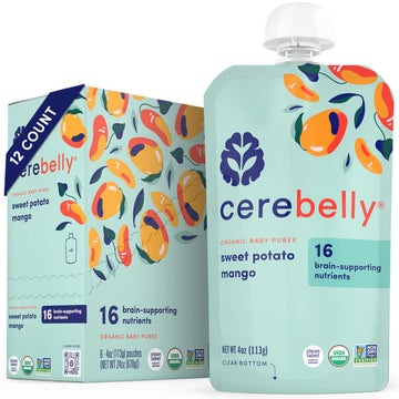 Cerebelly Baby Food Pouches – Organic Sweet Potato Mango (4 oz, Pack of 12) - Toddler Snacks, 16 Brain-Supporting Nutrients, Healthy Snacks, Made with Gluten-Free Ingredients, Non-GMO, No Added Sugar