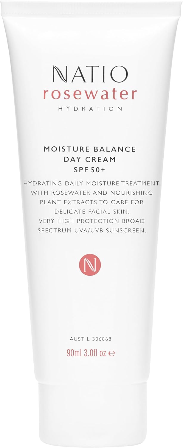 Natio Australia Rosewater Hydration Moisture Balance Day Cream Spf 50, 90 Ml - Face Sunscreen Moisturiser With Rose, Aloe - Sunscreen For Face