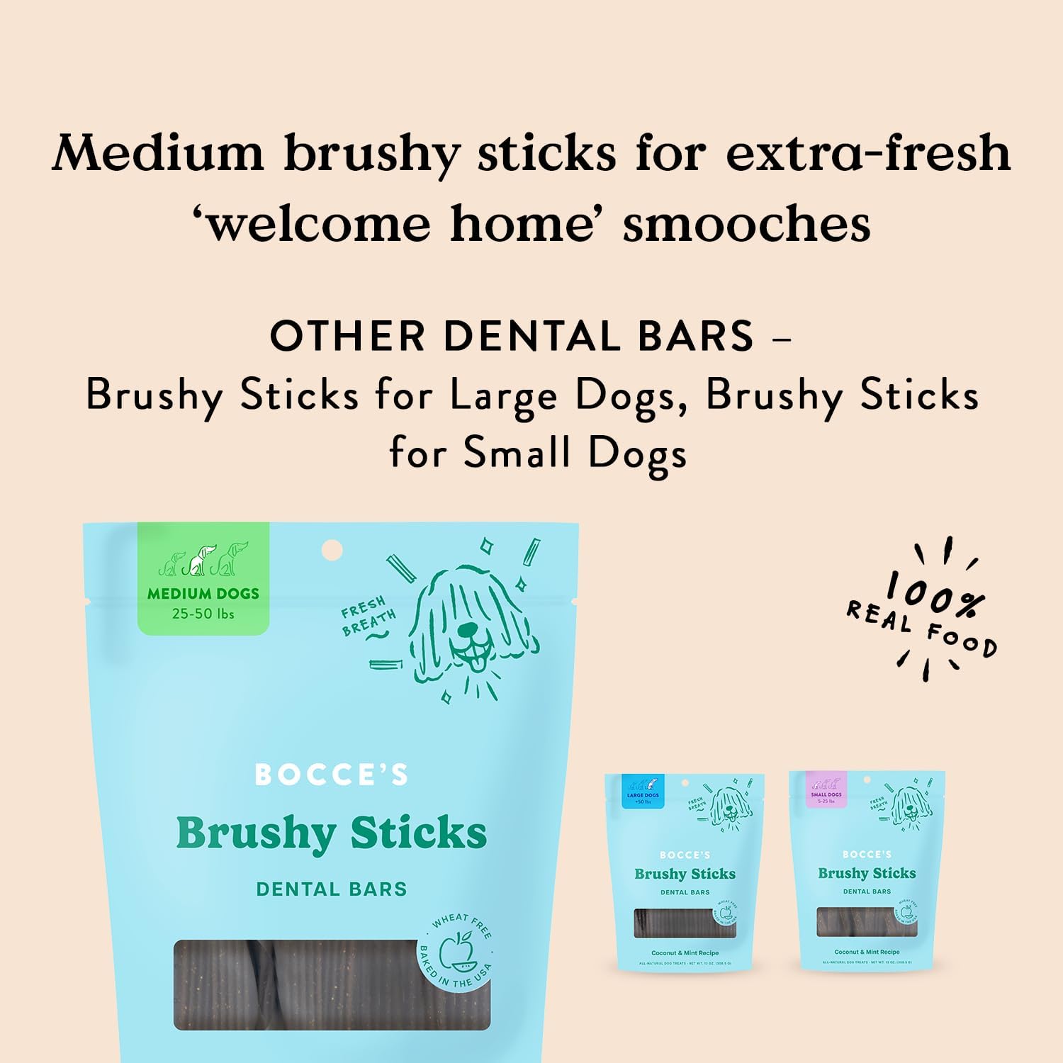 Bocce's Bakery Dailies Brushy Sticks to Support Oral Health & Fresh Breath, Wheat-Free Dental Bars for Dogs, Made with Real Ingredients, Baked in The USA, All-Natural Coconut & Mint, Medium Dogs : Pet Supplies