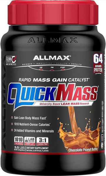 Allmax Quickmass, Chocolate Peanut Butter - 3.5 Lb - Rapid Mass Gain Catalyst - Up To 64 Grams Of Protein Per Serving - 3:1 Carb To Protein Ratio - Zero Trans Fat - Up To 24 Servings