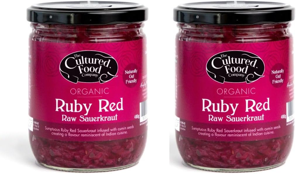 The Cultured Food Company - Organic Ruby Red Sauerkraut 400G Jar X 2-100% Natural Ingredients- Raw & Unpasteurised - Probiotic Rich - Traditionally Fermented Red Cabbage- Handmade - No Preservatives