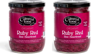 The Cultured Food Company - Organic Ruby Red Sauerkraut 400G Jar X 2-100% Natural Ingredients- Raw & Unpasteurised - Probiotic Rich - Traditionally Fermented Red Cabbage- Handmade - No Preservatives
