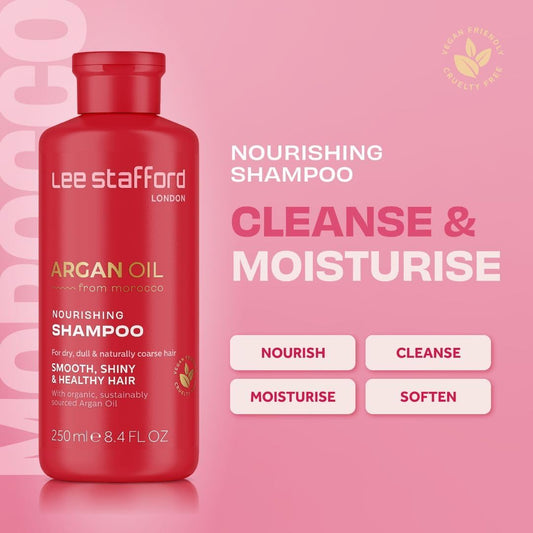 Lee Stafford Moisturizing Shampoo | Argan Oil Collection - Best For Dy, Dull Hair To Repair Split Ends For A Hydrating Silky Smooth Shine, Volumizing Salon Grade Gloss Finish, 250 Ml