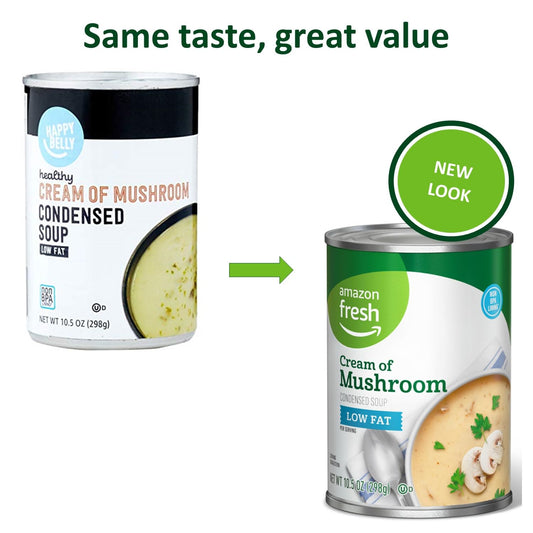 Amazon Fresh, Condensed Low Fat Cream Of Mushroom Soup, 10.5 Oz (Previously Happy Belly, Packaging May Vary)