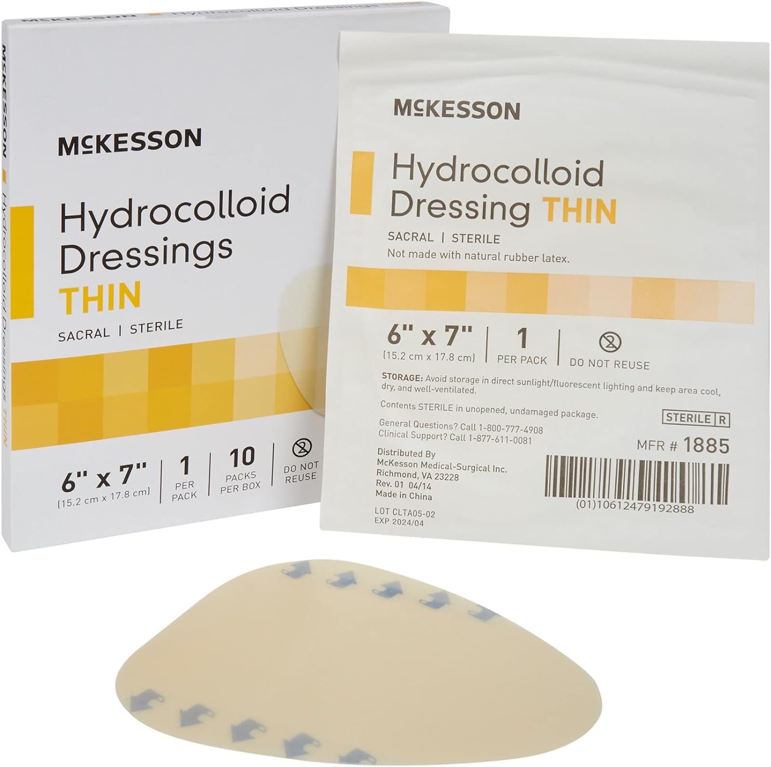 McKesson Hydrocolloid Dressing, Sterile, Sacral, Thin, 6 in x 7 in, 10 Count, 1 Pack
