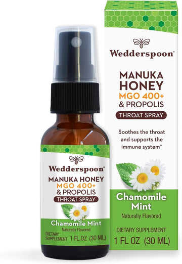 Wedderspoon Propolis and Manuka Honey Throat Spray, Chamomile & Mint, 1 Fl Oz (Pack of 1), Sore Throat Relief, Natural Immune Support