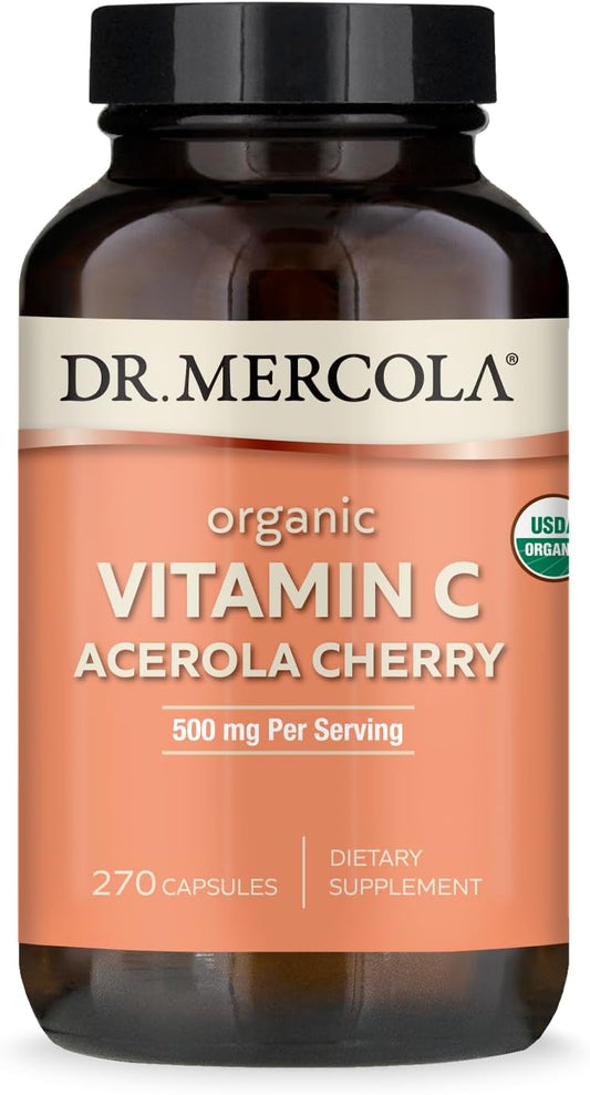 Dr. Mercola Organic Vitamin C Acerola Cherry, 90 Servings (270 Capsules), 500 mg Per Serving, Dietary Supplement, Supports Healthy Immune Function, Non-GMO, Certified USDA Organic