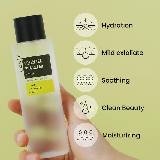 Coxir Greentea Bha Clear Toner |Hydrates, Purifying And Mild Exfoliating Facial Toner| Korean Skin Care, Cruelty Free, Paraben Free [150Ml/5.07 Fl.Oz]