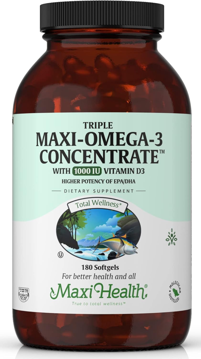 Maxi Health Triple Omega-3 Concentrate - Fish Oil - "1000 Iu" Vitamin D3 (190 Capsules)