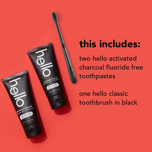 Hello Activated Charcoal Epic Teeth Whitening Fluoride Free Toothpaste and Toothbrush, Fresh Mint and Coconut Oil, Vegan, SLS Free, Gluten Free and Peroxide Free, 4 Ounce (Pack of 2)