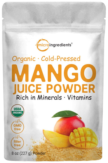 Organic Mango Juice Powder, 8Oz | 100% Natural Fruit Powder | Cold Pressed Mangos Source | No Sugar & Additives | Great Flavor For Drinks, Smoothie, & Beverages | Non-Gmo & Vegan Friendly