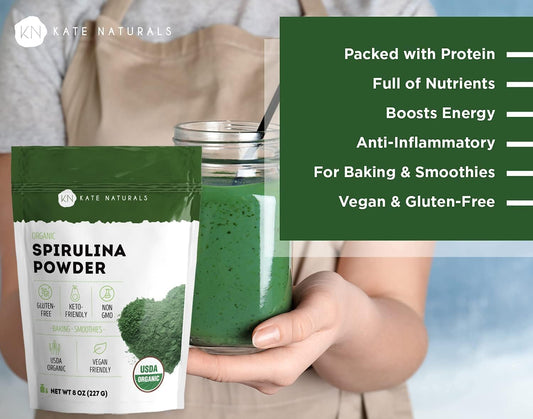 Kate Naturals Organic Spirulina Powder For Immune Support And Antioxidants. Nutrient Dense Superfood Supplement (8 Oz, Usda Certified, Non-Gmo, Gluten- Free)