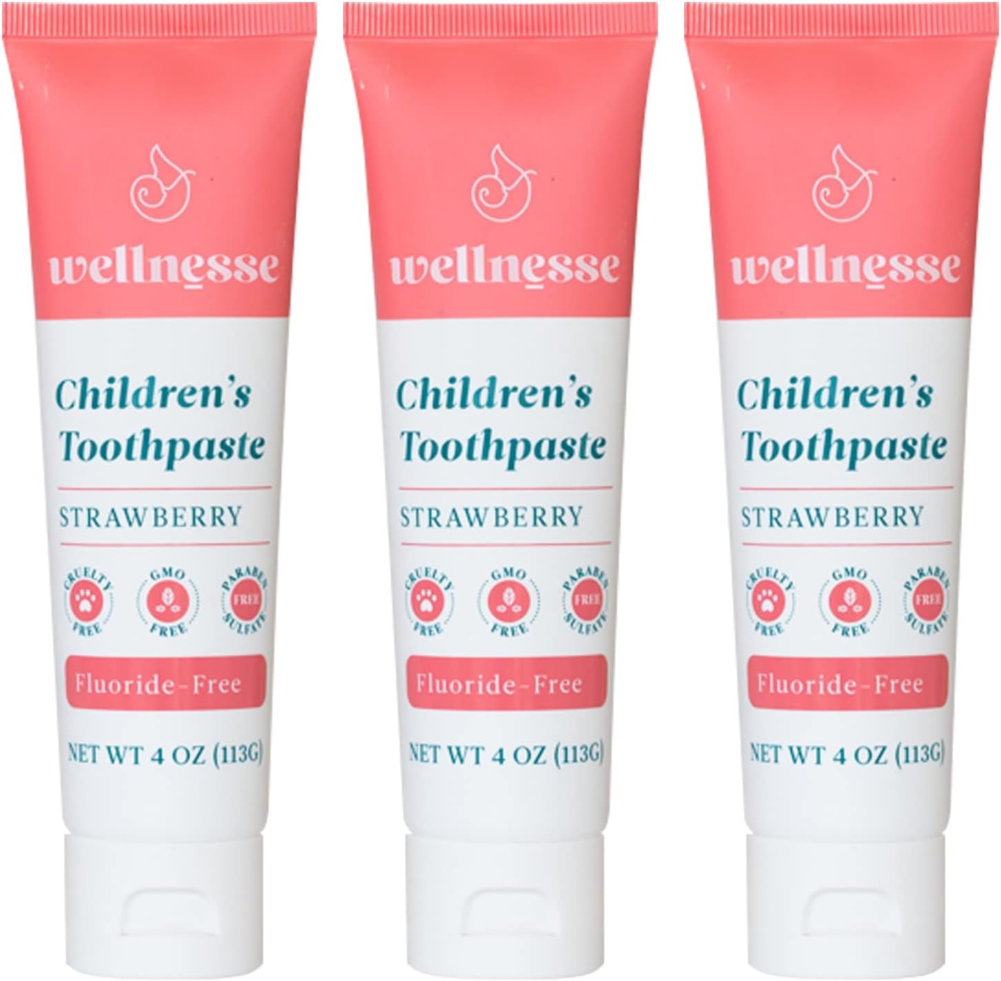 Wellnesse Children’s Toothpaste - Fluoride Free Natural Flavored Toothpaste for Kids and Toddlers - Strawberry - 3 Tubes, 4 oz - Made with Hydroxyapatite, Calcium Carbonate, and Aloe Vera