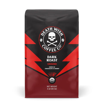 Death Wish Coffee Dark Roast Grounds - Bold Intense Blend Of Arabica & Robusta Beans - Usda Organic Ground Coffee - Dark Coffee Double Caffeine For Morning Boost, 80 Oz