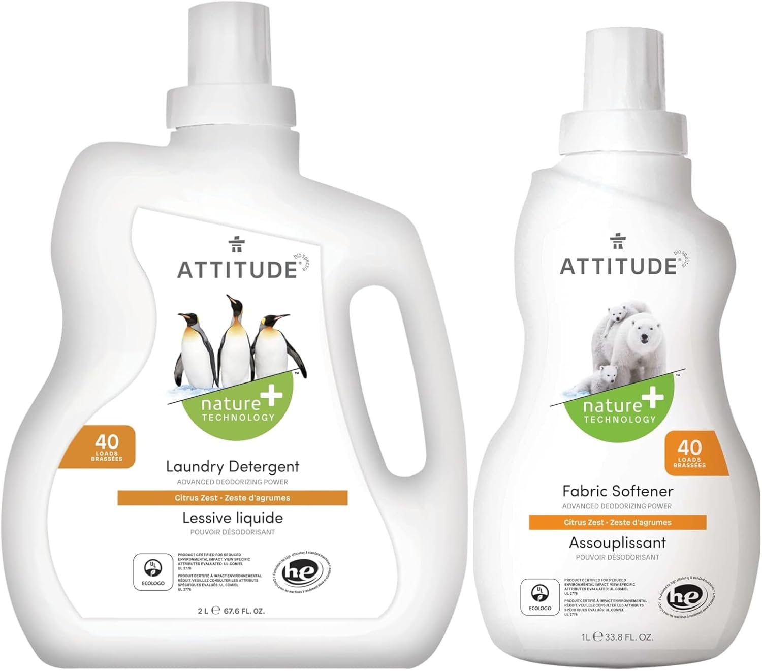 Bundle Of Attitude Laundry Detergent And Fabric Softener Liquid, Vegan And Naturally Derived Detergent, Plant Based, He Washing Machine Compatible, Citrus Zest, 40 Loads