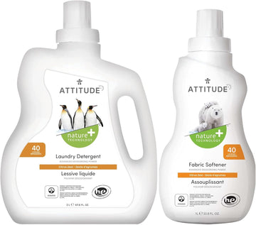 Bundle Of Attitude Laundry Detergent And Fabric Softener Liquid, Vegan And Naturally Derived Detergent, Plant Based, He Washing Machine Compatible, Citrus Zest, 40 Loads