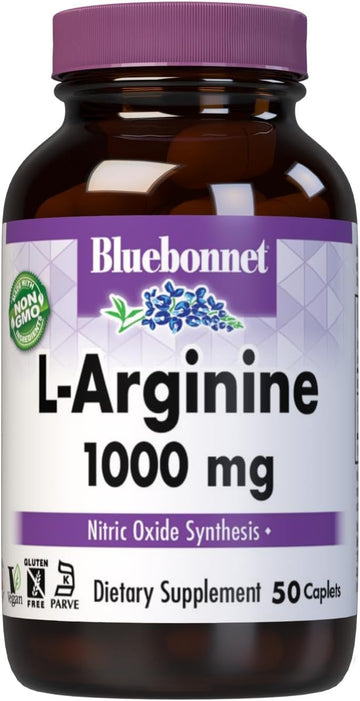 Bluebonnet Nutrition L-Arginine 1000Mg, Free-Form Amino Acid, Nitric Oxide Precursor, Gluten-Free, Non-Gmo, Kosher Certified, Vegan, 50 Caplets, 50 Servings