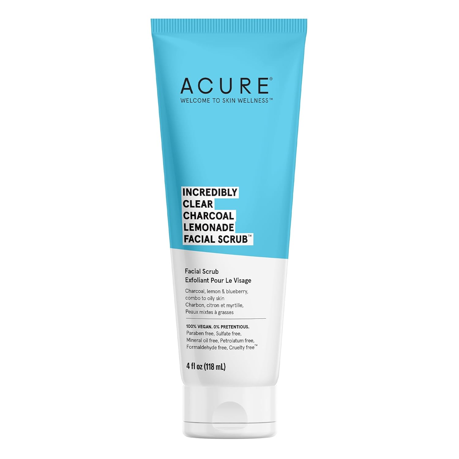 Acure Incredibly Clear Charcoal Lemonade Facial Scrub -Deep Face Wash Cleansing, Gentle Exfoliates & Detoxifies With Charcoal Scrub, Lemon & Blueberry -For Oily To Normal & Acne Prone Skin, 4 Fl Oz