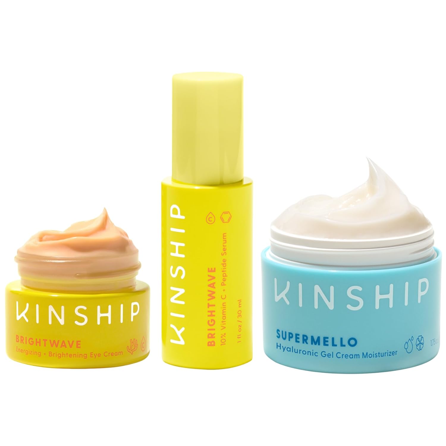 Kinship Moisture + Brighten Bundle | Supermello + Brightwave Eye Cream + Brightwave Face Serum | Gel Cream Moisturizer + Vitamin C Anti-Aging Skincare | Reduce Fine Lines & Wrinkles | All Skin Types